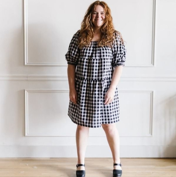 Gingham Black & White Puff Sleeve Square Neck Tiered Dress- Size L - Picture 10 of 10